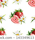 Watercolor strawberry seamless pattern with sliced berries, flowers and leaves 143349613