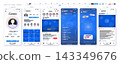 Six mobile social media screens show a profile, feed, live stream, story and post, with purple imagery, blue buttons, avatar icons and small engagement charts below. 143349676