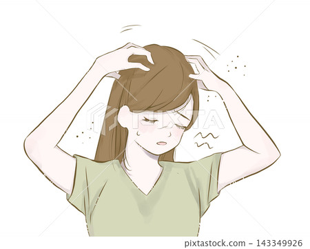 An illustration of a woman suffering from scalp itchiness, dandruff, and dryness. An illustration of a woman suffering from scalp itchiness, dandruff, and dryness. 143349926