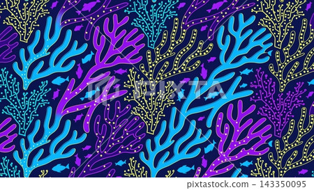 A vibrant 2D vector illustration of a dense coral reef pattern. Stylized A vibrant 2D vector illustration of a dense coral reef pattern. Stylized 143350095