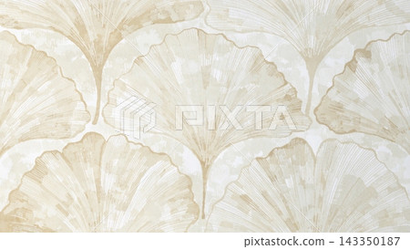 Soft sunlit botanical pattern of large overlapping fan-shaped ginkgo inspired leaves Soft sunlit botanical pattern of large overlapping fan-shaped ginkgo inspired leaves 143350187