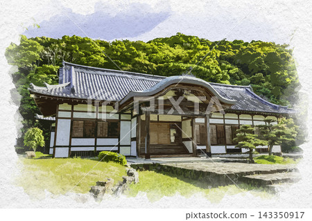 兵庫縣辰野市辰野城及其宮殿的水彩風格繪畫。 143350917