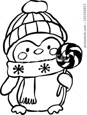 Cute Christmas Penguin Wearing Winter Hat and Scarf Holing Candy Cane 143350957
