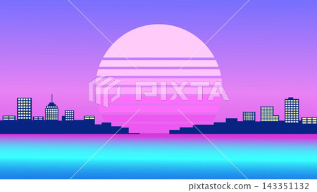 Vaporwave sunset city skyline over neon ocean with retro sun Vaporwave sunset city skyline over neon ocean with retro sun 143351132