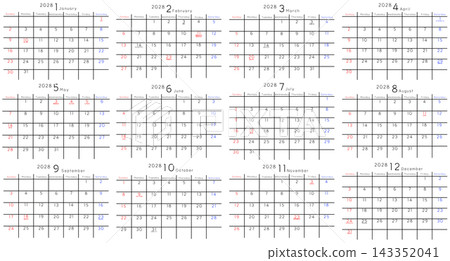 2028 Calendar: Annual calendar from January to December, with English names for the days of the week. Includes space for scheduling, reminders, notes, etc. 2028 Calendar: Annual calendar from January to December, with English names for the days of the week. Includes space for scheduling, reminders, notes, etc. 143352041