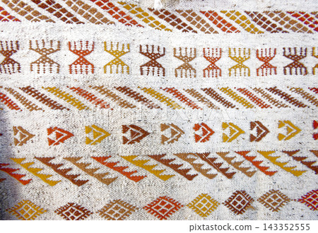 Traditional Tunisian Margoum Wool Carpet with Colorful Geometric Motifs Traditional Tunisian Margoum Wool Carpet with Colorful Geometric Motifs 143352555