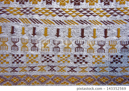 Traditional Tunisian Margoum Wool Carpet with Colorful Geometric Motifs Traditional Tunisian Margoum Wool Carpet with Colorful Geometric Motifs 143352569