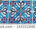 Full Frame Texture Shot of Distressed Traditional Tunisian Ceramic Wall Tiles with Geometric Pattern 143352846