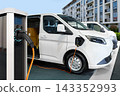 Electric delivery van with electric vehicles charging station. 143352993