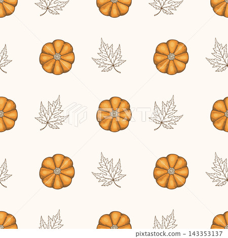 Thanksgiving Vintage Hand Drawn Seamless Pattern with Orange Pumpkins Thanksgiving Vintage Hand Drawn Seamless Pattern with Orange Pumpkins 143353137
