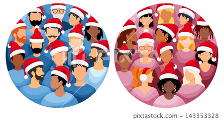 Circle Backgrounds With Men Group And Women Group Wearing Red Santa Hats Circle Backgrounds With Men Group And Women Group Wearing Red Santa Hats 143353328