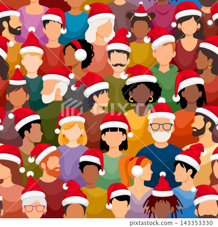 Seamless Pattern With Crowd of People Wearing Red Santa Hats 143353330