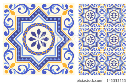 Mediterranean Azulejo Mosaic Tile Seamless Pattern And Sample Mediterranean Azulejo Mosaic Tile Seamless Pattern And Sample 143353333