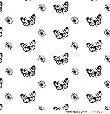 Minimalist black and white botanical butterfly seamless vector pattern Minimalist black and white botanical butterfly seamless vector pattern 143353392