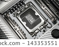 Close up of a CPU socket on a modern computer motherboard 143353551