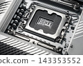 Close up of a CPU socket on a modern computer motherboard 143353552