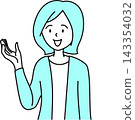 An illustration of a woman smiling and extending her palm. 143354032