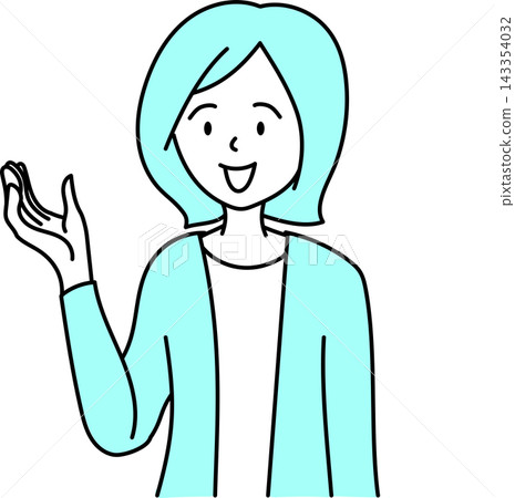 一幅描繪一位面帶微笑並伸出手掌的女子的插圖。 143354032