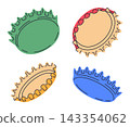 Bottle caps. Metal beer, soda or lemonade bottle caps, colorful lid for glass containers with refreshing beverages flat vector illustration set. Beverage design elements 143354062