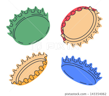Bottle caps. Metal beer, soda or lemonade bottle caps, colorful lid for glass containers with refreshing beverages flat vector illustration set. Beverage design elements Bottle caps. Metal beer, soda or lemonade bottle caps, colorful lid for glass containers with refreshing beverages flat vector illustration set. Beverage design elements 143354062