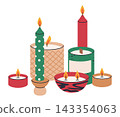 Christmas candle collection. Decorative wax candles with varied colors flat vector illustration set. Holiday home decor and gift design 143354063