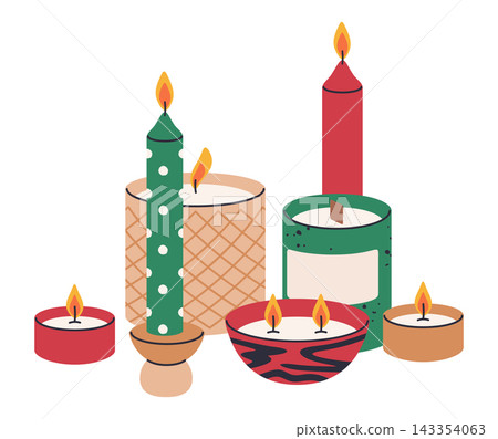 Christmas candle collection. Decorative wax candles with varied colors flat vector illustration set. Holiday home decor and gift design Christmas candle collection. Decorative wax candles with varied colors flat vector illustration set. Holiday home decor and gift design 143354063