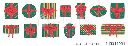 Christmas gift collection. Wrapped presents with decorative bows and ribbons flat vector illustration set. Holiday packaging and celebration graphics Christmas gift collection. Wrapped presents with decorative bows and ribbons flat vector illustration set. Holiday packaging and celebration graphics 143354064