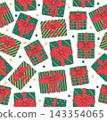 Christmas gift pattern. Wrapped presents with ribbon bows flat vector seamless background illustration. Holiday wrapping paper and textile endless design 143354065