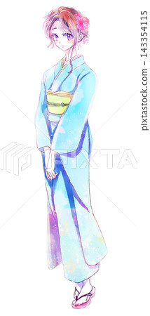 1 woman wearing a kimono, brown hair 1 woman wearing a kimono, brown hair 143354115