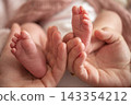 Mother Holding Tiny Newborn Baby Feet in Her Hands Conceptual Family Photo 143354212