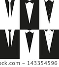 Tuxedo bow tie icon set, black and white seamless pattern tiles, formal wear suit lapel silhouette, wedding groom gentleman style, elegant menswear symbol, classic evening dress design elements. 143354596