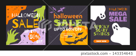 Set of Halloween sale templates. Sale banners for Halloween season. Childish design. Vector illustration Set of Halloween sale templates. Sale banners for Halloween season. Childish design. Vector illustration 143354643