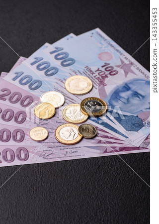Turkey paper money, lira banknotes and coins as currency for exchange. Turkey money Turkey paper money, lira banknotes and coins as currency for exchange. Turkey money 143355453