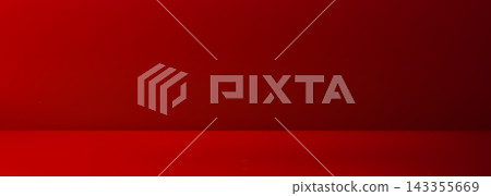 Dark abstract gradient background with red wall and empty studio floor. 3D luxury product display backdrop with limbo color lighting. Minimal back wall scene for modern presentation design. 143355669