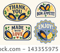 Four Retro Mussel Seafood Labels with Thank You and Bon Appetit 143355975