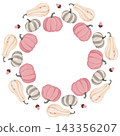 Cute autumn vector wreath with pastel pink, grey, and beige pumpkins, squash, and acorns. Perfect for fall frames, Thanksgiving cards, and seasonal designs 143356207