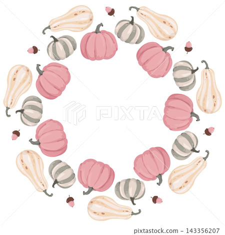Cute autumn vector wreath with pastel pink, grey, and beige pumpkins, squash, and acorns. Perfect for fall frames, Thanksgiving cards, and seasonal designs Cute autumn vector wreath with pastel pink, grey, and beige pumpkins, squash, and acorns. Perfect for fall frames, Thanksgiving cards, and seasonal designs 143356207
