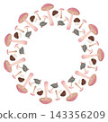 Flat style forest mushroom border in a circle. Cozy botanical frame for greetings, scrapbooking, packaging, and cottagecore decor 143356209
