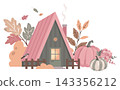 Flat style autumn scene featuring a fairytale house, harvest pumpkins, and botanical elements. Warm seasonal graphic for greeting cards and posters 143356212