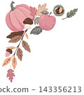 Cute autumn vector corner composition with a pink pumpkin, apple, mushroom, and leaves. Perfect for fall frames, Thanksgiving cards, and seasonal designs 143356213