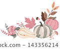 Flat style fall harvest corner composition featuring decorative pumpkins, mushrooms, and botanical elements. Cozy graphic for greetings, invitations, and packaging 143356214