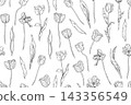 Seamless vector pattern with hand-drawn tulip flowers in black and white. Elegant engraved floral texture for fabric, wallpaper, and wedding designs 143356549