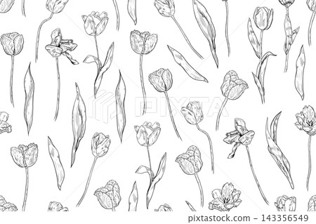 Seamless vector pattern with hand-drawn tulip flowers in black and white. Elegant engraved floral texture for fabric, wallpaper, and wedding designs Seamless vector pattern with hand-drawn tulip flowers in black and white. Elegant engraved floral texture for fabric, wallpaper, and wedding designs 143356549