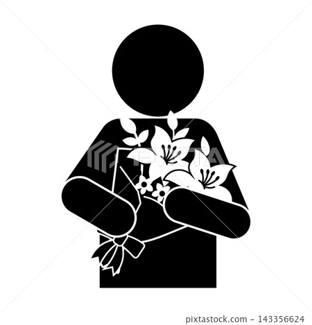 A pictogram of a person holding a bouquet of flowers; monochrome silhouette. A pictogram of a person holding a bouquet of flowers; monochrome silhouette. 143356624