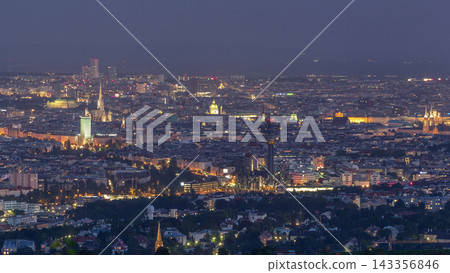 Skyline of Vienna from Danube Viewpoint Leopoldsberg aerial day to night timelapse. Skyline of Vienna from Danube Viewpoint Leopoldsberg aerial day to night timelapse. 143356846