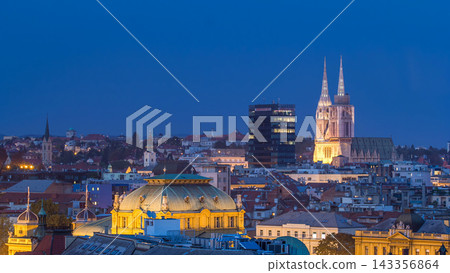 Zagreb cathedral and modern skyscraper with a old city panorama day to night timelapse Zagreb cathedral and modern skyscraper with a old city panorama day to night timelapse 143356864