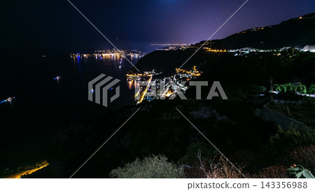 Day to night timelapse view of the Mediterranean coastline of the town of Eze village on the French Riviera 143356988