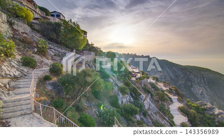 Sunrise timelapse view of the town of Eze village on the French Riviera 143356989