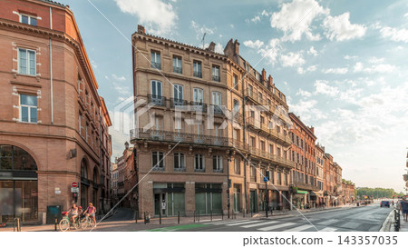 Panorama showing Rue de Metz timelapse in Toulouse, Occitanie, France, with historic facades Panorama showing Rue de Metz timelapse in Toulouse, Occitanie, France, with historic facades 143357035