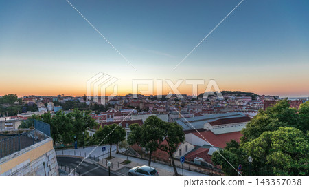 Lisbon aerial cityscape skyline night to day timelapse from viewpoint of St. Peter of Alcantara, Portugal Lisbon aerial cityscape skyline night to day timelapse from viewpoint of St. Peter of Alcantara, Portugal 143357038